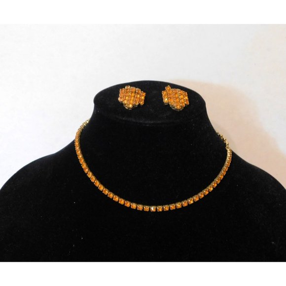 Vintage Amber Rhinestone Necklace 15 Inch Matching Clip Earrings Gold Plated - Picture 9 of 10